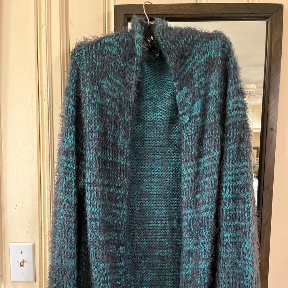 Beautiful and unique open front cardigan sweater. Teal with charcoal eyelash.
